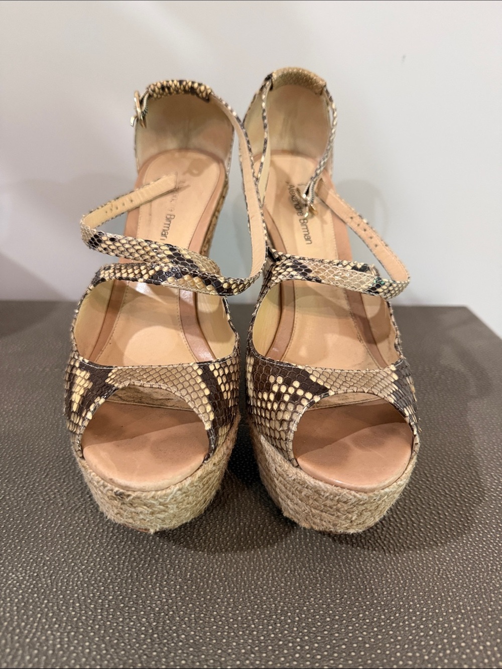 Alexandre Birman Brown and Cream Snake-Print Espadrille Wedge Sandals